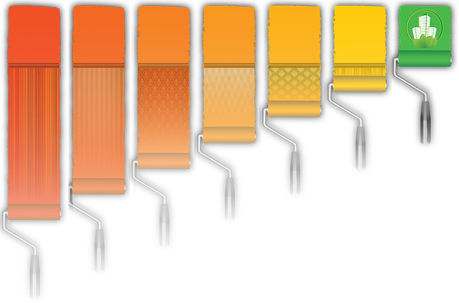 image of paint rollers of different orangeish colors rolling downward, with wallcovering over a portion of them